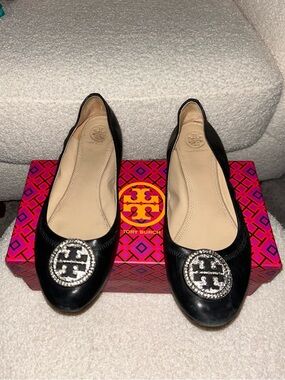 Tory Burch Black Leather Logo Crystal Ballet Flats